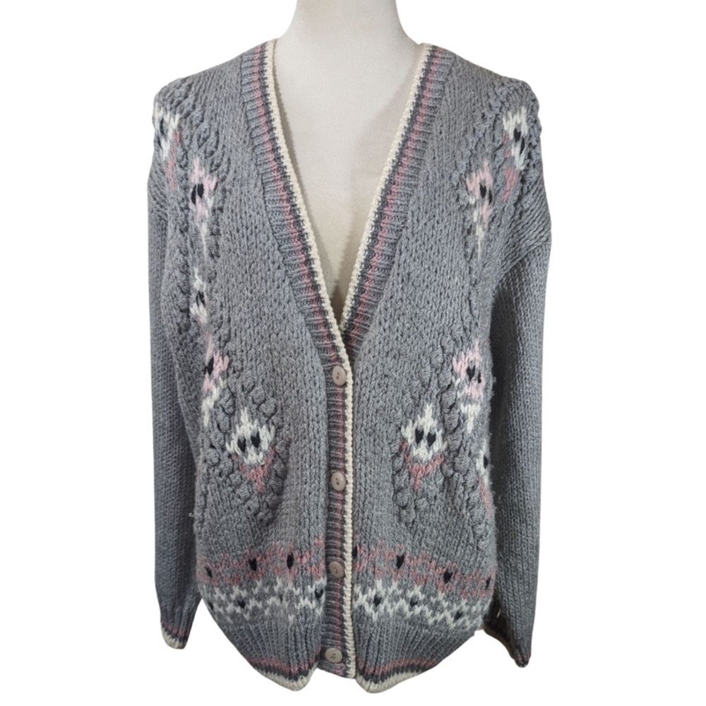 Koret Women's Medium Button Knit Grey Pink White Soft Girl Cardigan Sweater